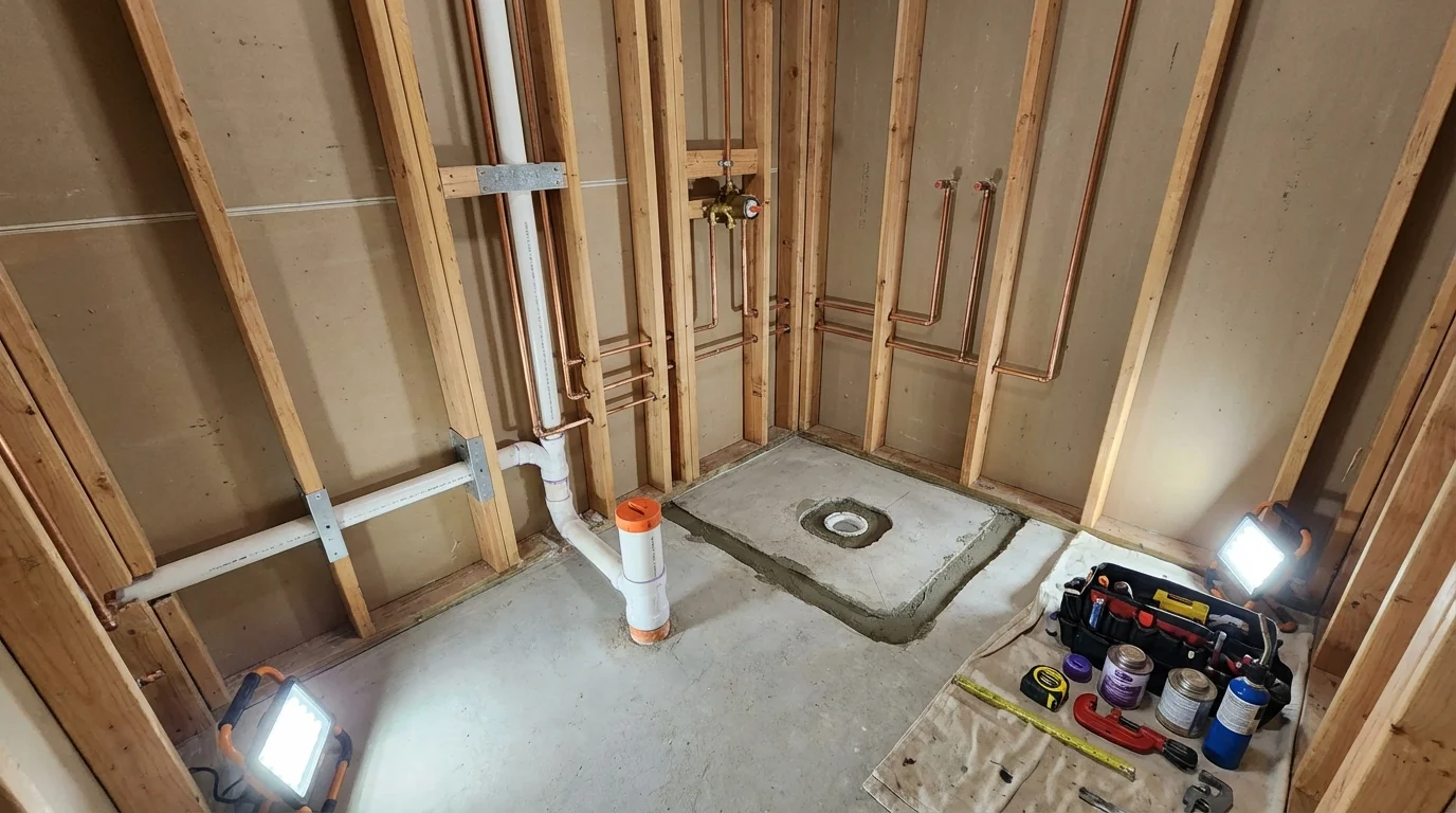 Bathroom rough-in plumbing during remodel by Johns Plumbing LLC in Bowling Green