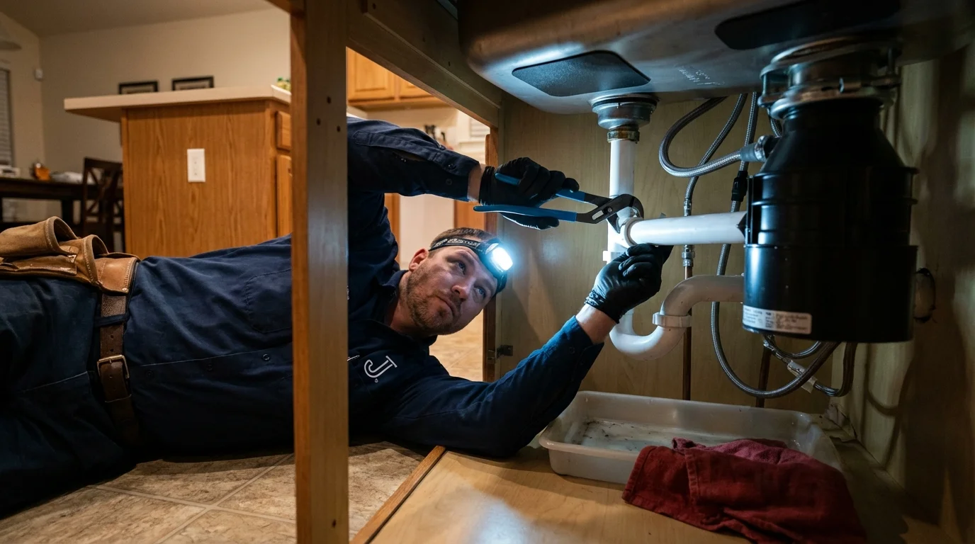 P-trap and supply line connections under a kitchen sink showing a common leak point in Bowling Green, KY